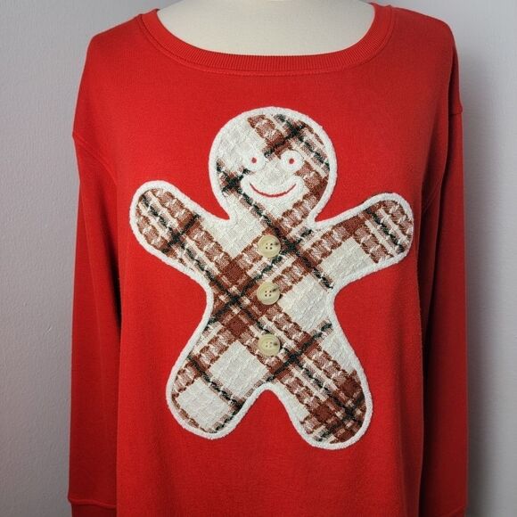 Jane and Delancey Red Festive Holiday Christmas Gingerbread Man Sweatshirt Large - Picture 2 of 11
